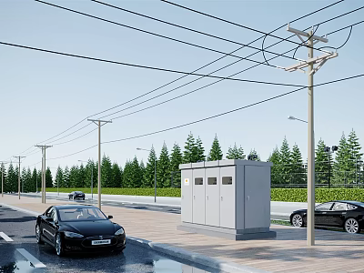 Road Infrastructure with Utility Poles Street Lamps Control Cabinet Trees and Vehicles on Suburban Road 3d model