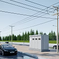 Road Infrastructure with Utility Poles Street Lamps Control Cabinet Trees and Vehicles on Suburban Road