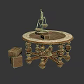 Exquisite Carved Balance Scale Sculpture with Wooden Blocks on Ornate Round Table
