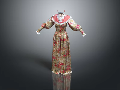 Man Wearing Floral Patterned Long Dress With Red Collar And White Cuffs 3d model