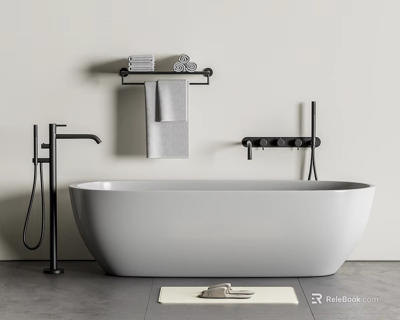 Modern Freestanding White Bathtub With Black Faucet Shower Fixture And Grey Towels On Rack 3d model 