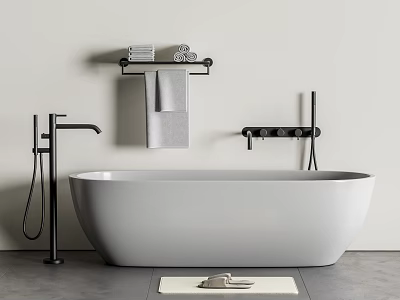Modern Freestanding White Bathtub With Black Faucet Shower Fixture And Grey Towels On Rack 3d model