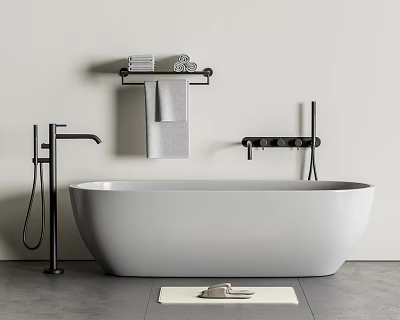 Modern Freestanding White Bathtub With Black Faucet Shower Fixture And Grey Towels On Rack 3d model