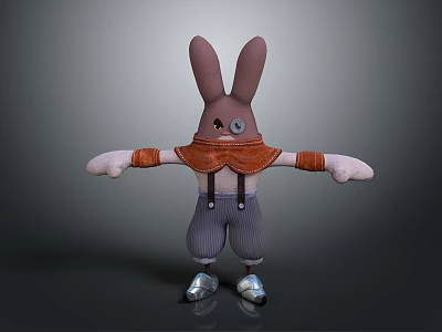 Playful Cartoon Rabbit Character with Large Ears Brown Scarf Gray Striped Overalls and Silver Shoes 3d model