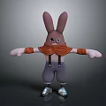 Playful Cartoon Rabbit Character with Large Ears Brown Scarf Gray Striped Overalls and Silver Shoes