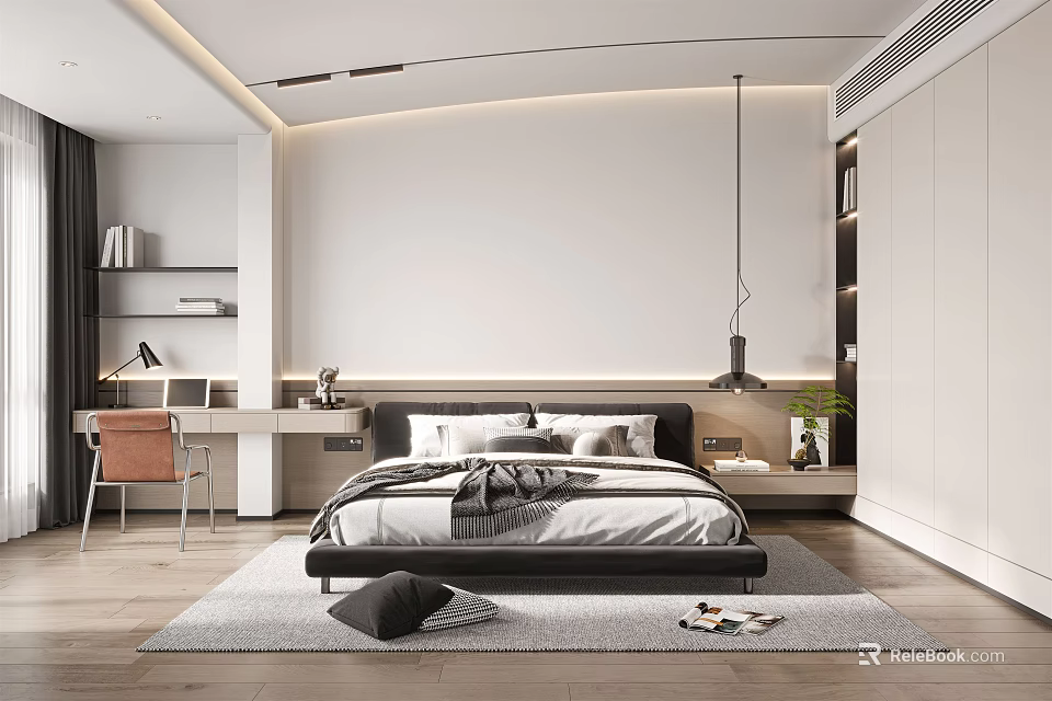 Contemporary Minimalist Bedroom Design With Platform Bed Pendant Light Area Rug Wooden Floor 3d model 