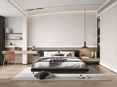 Contemporary Minimalist Bedroom Design With Platform Bed Pendant Light Area Rug Wooden Floor 3d model