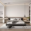 Contemporary Minimalist Bedroom Design With Platform Bed Pendant Light Area Rug Wooden Floor