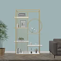 Golden Multi Tier Storage Shelf with Books Decorative Items in Living Room Light Blue Wall