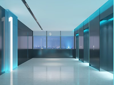 Modern Monitoring Room Interior With City Night View And Sleek Lighting 3d model