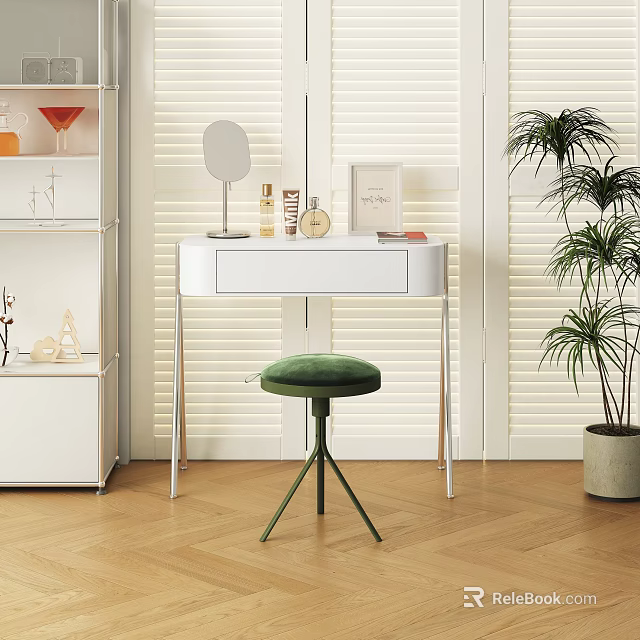 Modern Minimalist Dressing Table With Mirror Cosmetic Bottles Green Stool And Potted Plant 3d model 