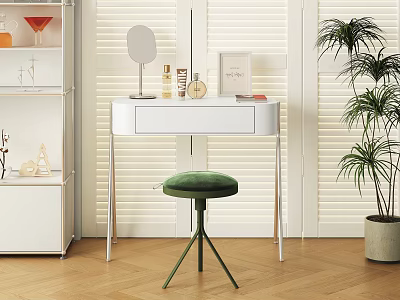 Modern Minimalist Dressing Table With Mirror Cosmetic Bottles Green Stool And Potted Plant 3d model