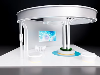 White Curved Exhibition Booth With Colorful Display Screen White Chairs Green Plant And Circular Seats 3d model