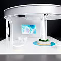 White Curved Exhibition Booth With Colorful Display Screen White Chairs Green Plant And Circular Seats