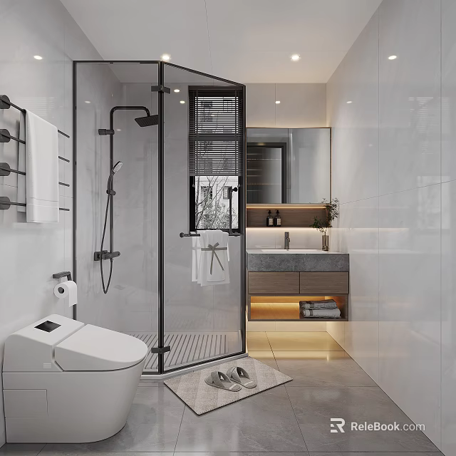Modern Bathroom Interior with Glass Shower Smart Toilet Marble Vanity Mirror Cabinet and White Tiles 3d model 