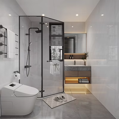 Modern Bathroom Interior with Glass Shower Smart Toilet Marble Vanity Mirror Cabinet and White Tiles 3d model