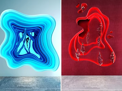 Colorful Layered Background Wall With Blue Wave And Red Sculptural Designs 3d model