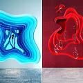 Colorful Layered Background Wall With Blue Wave And Red Sculptural Designs