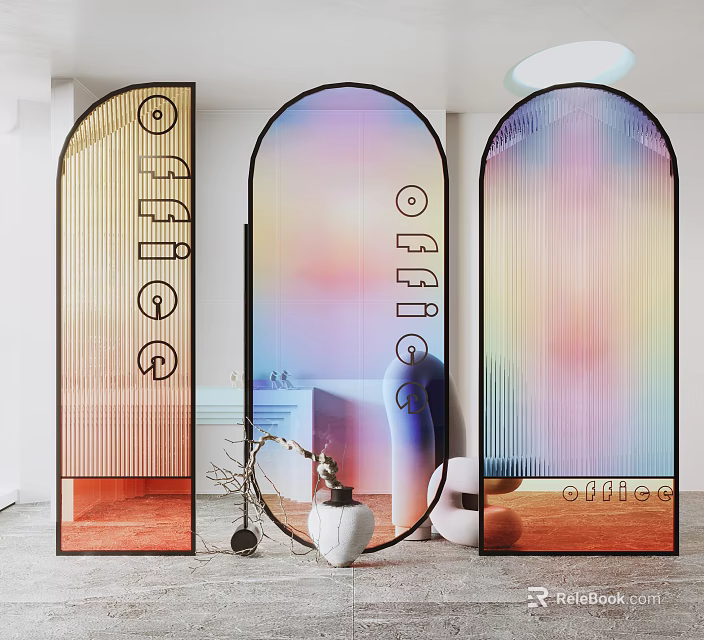 Modern Arched Glass Partitions With Colorful Gradient For Office Interior Design 3d model 