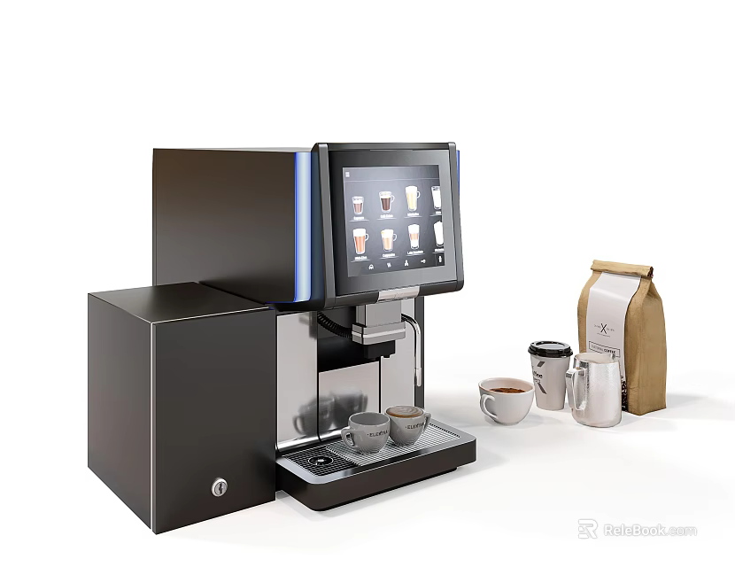 Automatic Coffee Machine With Coffee Bean Bag And Cups For Kitchen 3d model