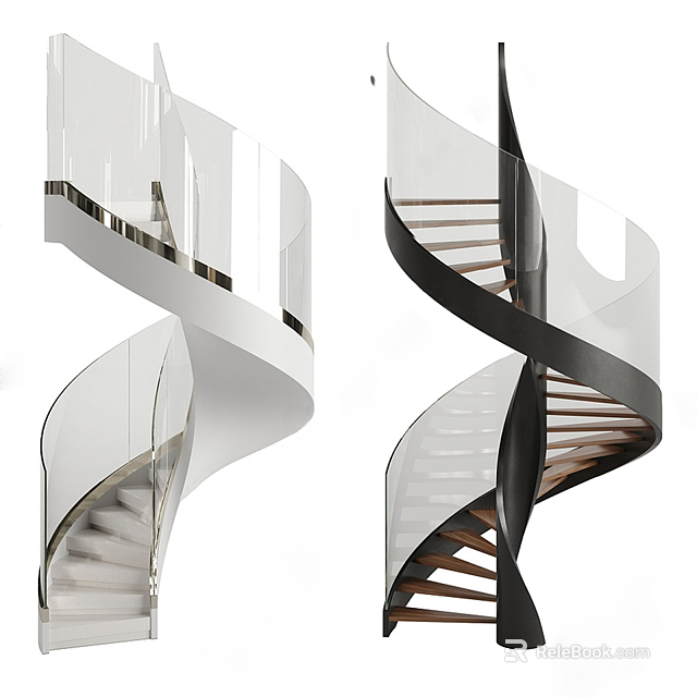 Modern White and Black Spiral Staircase With Glass Railing And Wooden Steps 3d model 