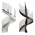 Modern White and Black Spiral Staircase With Glass Railing And Wooden Steps