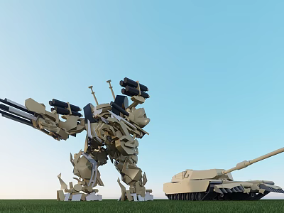 Intelligent Combat Robot With Large Weapons Alongside Military Tank On Green Grass 3d model