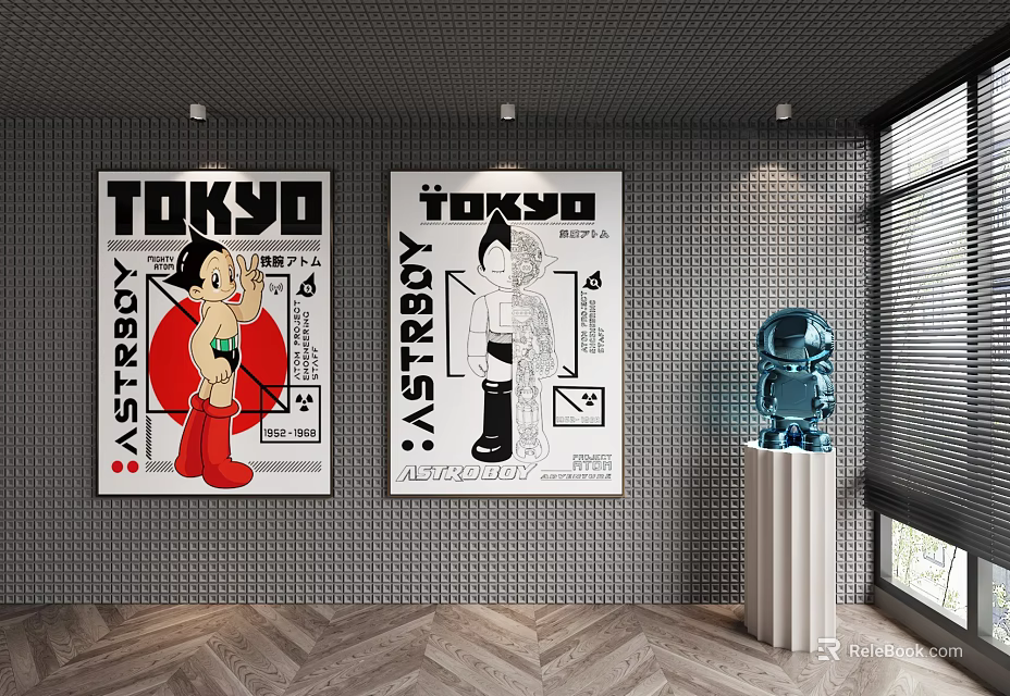 Tokyo Astro Boy Posters On Modern Wall With Blue Sculpture Decor 3d model 
