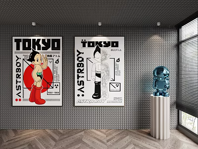 Tokyo Astro Boy Posters On Modern Wall With Blue Sculpture Decor 3d model