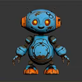Blue Robot Character With Orange Ears Yellow Eyes And Rusty Details
