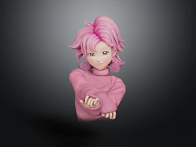 3D Anime Character With Pink Hair Wearing Pink Sweater And Extended Hands On Dark Background 3d model