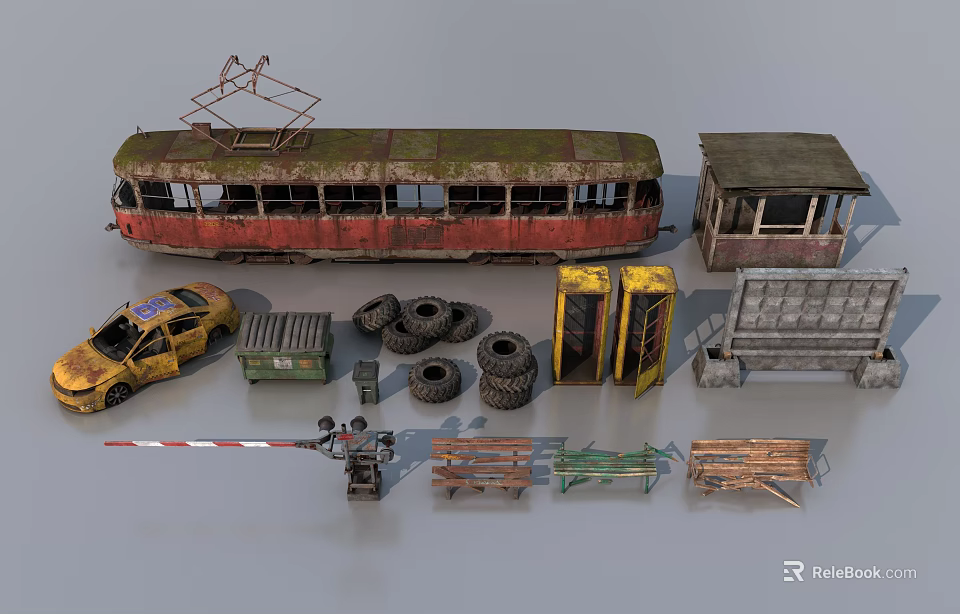 Old Tram Bus With Yellow Taxi Tires Phone Booth Benches And Road Barrier 3d model 