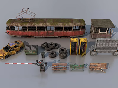 Old Tram Bus With Yellow Taxi Tires Phone Booth Benches And Road Barrier 3d model