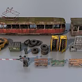 Old Tram Bus With Yellow Taxi Tires Phone Booth Benches And Road Barrier