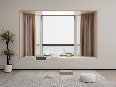Bay Window Interior Design with Cushions Curtains City View Plant Rug and Stool 3d model