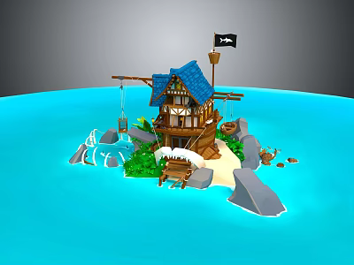 Cartoon Pirate Island Scene with Blue Roofed House Black Flag Rocks Green Grass Ocean Water 3d model