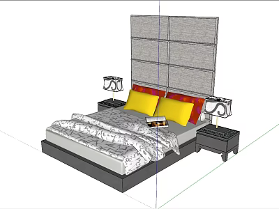 Modern Double Bed With Gray Headboard Yellow Pillows Patterned Quilt And Nightstand Lamps 3d model
