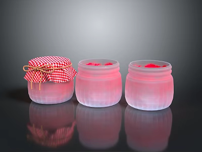 Artisan Sculpted Glass Jars With Pink Liquid And Checkered Lids On Dark Background 3d model