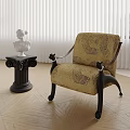 Elegant Accent Chair with Black Frame Patterned Fabric Near Pedestal Statue and Wooden Floor Blinds