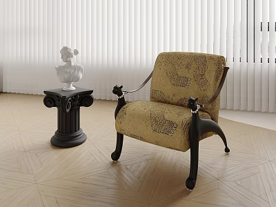 Elegant Accent Chair with Black Frame Patterned Fabric Near Pedestal Statue and Wooden Floor Blinds 3d model