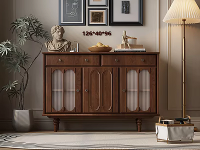 Classic Wooden Sideboard With Glass Doors Drawers And Sculpture In Living Space 3d model