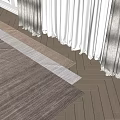 Light Brown and Gray Woven Square Rug on Herringbone Light Wood Floor with White Curtains