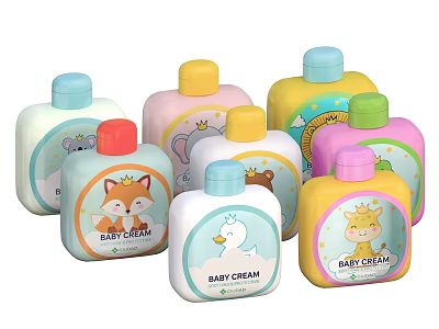 Colorful Baby Cream Bottles With Cute Animal Prints For Gentle Baby Skincare 3d model