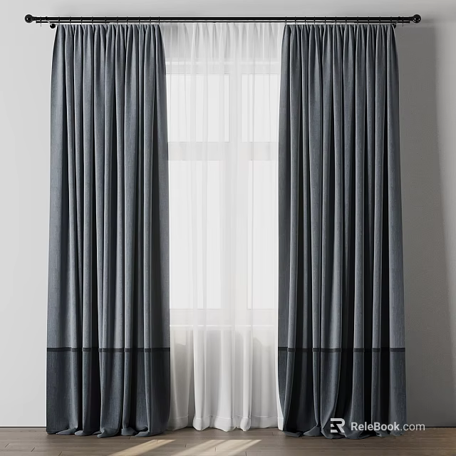 Elegant Gray Curtains With Sheer White Layer Hanging By Modern Window 3d model 