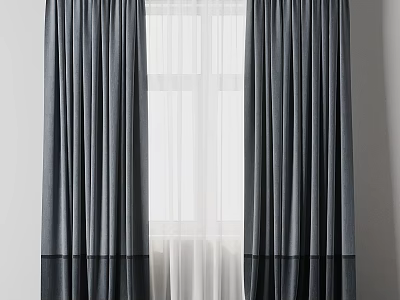Elegant Gray Curtains With Sheer White Layer Hanging By Modern Window 3d model