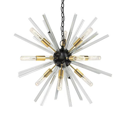 Modern Chandelier With Black Metal Center Clear Glass Rods And Gold Bulb Holders 3d model