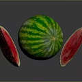 Fresh Whole Watermelon With Red Flesh And Green Striped Slices On Gray Background