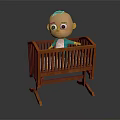 Animated Cartoon Baby Character Standing in Wooden Crib with Blue Clothing