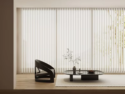 White Window Blinds in Modern Living Room with Black Chair Coffee Table and Plants 3d model