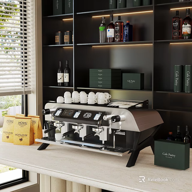 Modern Stainless Steel Espresso Machine On Kitchen Counter With Cups Bottles And Boxes 3d model